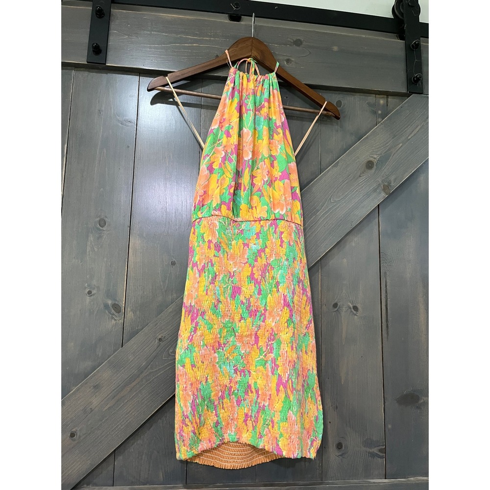 Lost + Wander Peach Multi Floral Halter Smocked Mini Dress Small Vacation Summer - Picture 2 of 10